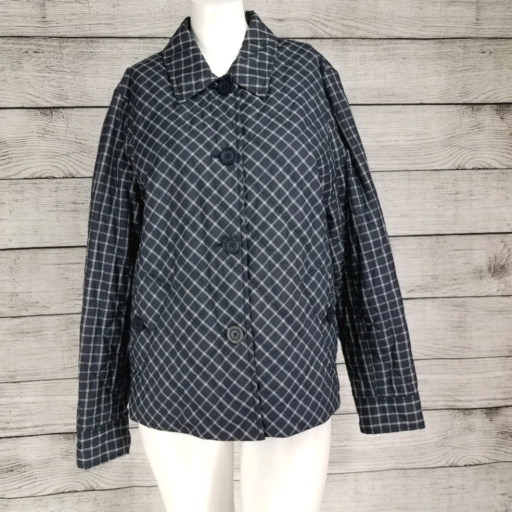 Jones NY Size M Lightweight Puffer Jacket Button up Navy Blue